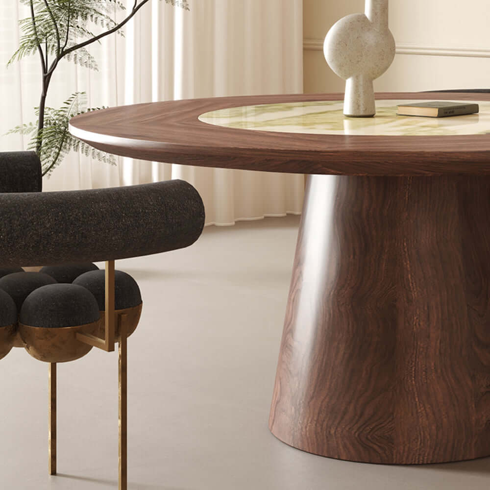 Cocochairs Modern Round Black Walnut Dining Table with Built-in Irish Green Luxury Stone Lazy Susan