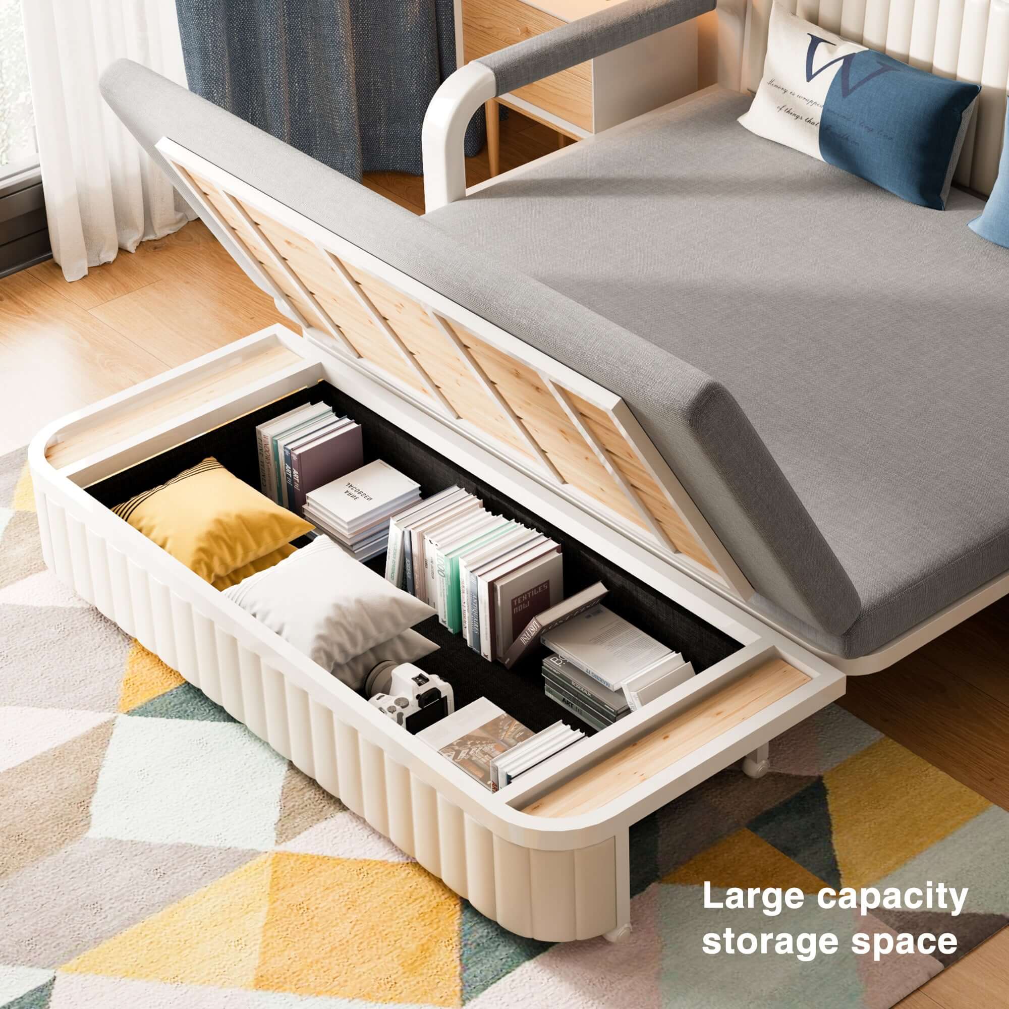 Two-seater sofa bed with cotton linen upholstery, storage compartment, and square arm design