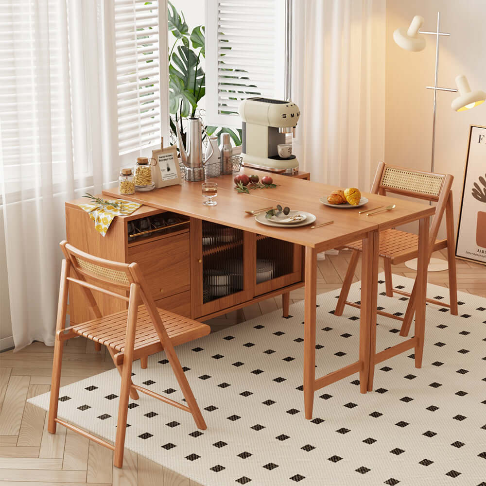 Folding dining table with glass sliding doors and storage drawers for space-saving dining