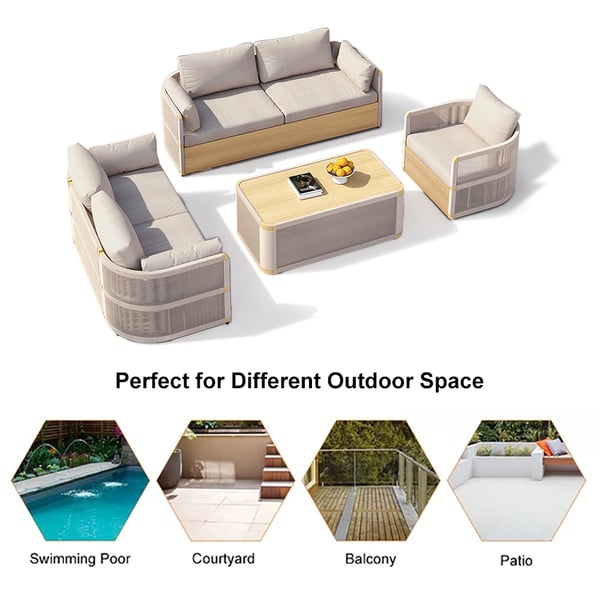 Modern outdoor swivel sofa set with aluminum frame and rope accents, includes coffee table in khaki