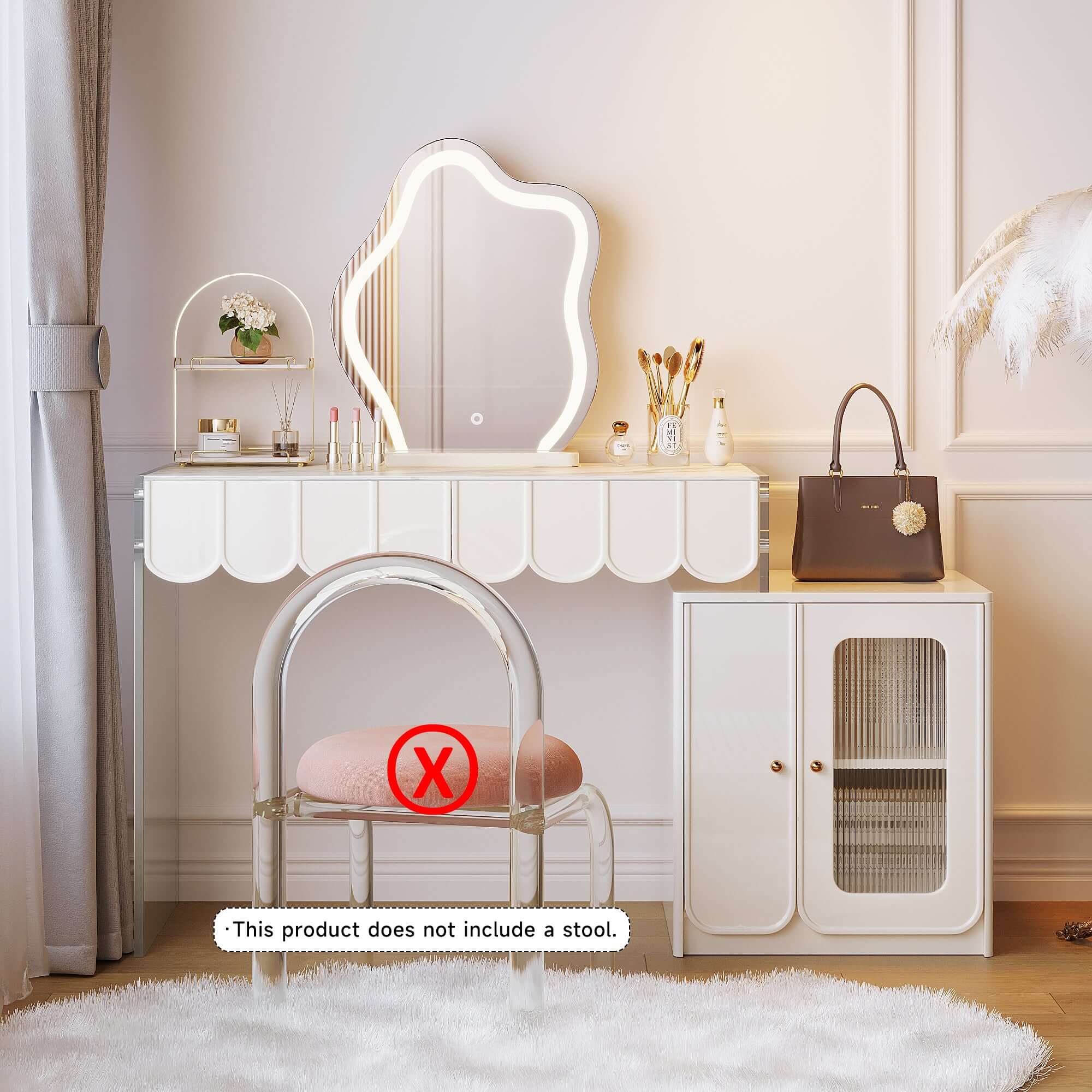 White modern makeup vanity featuring drawers and a side cabinet for organized storage