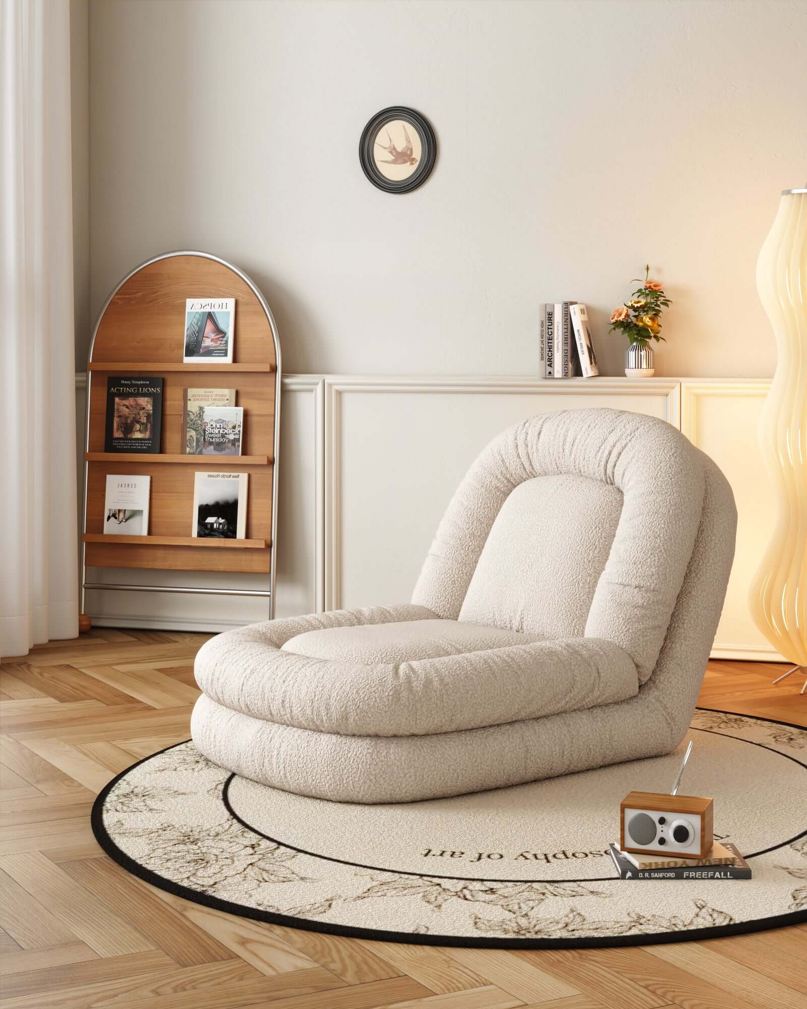 Beige modern convertible sleeper sofa bed with soft teddy velvet upholstery