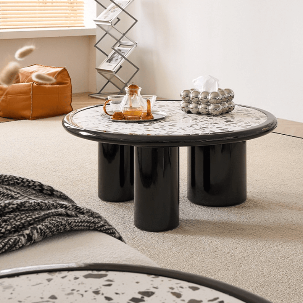 Round terrazzo coffee table with elegant design, perfect for adding sophistication to your living room