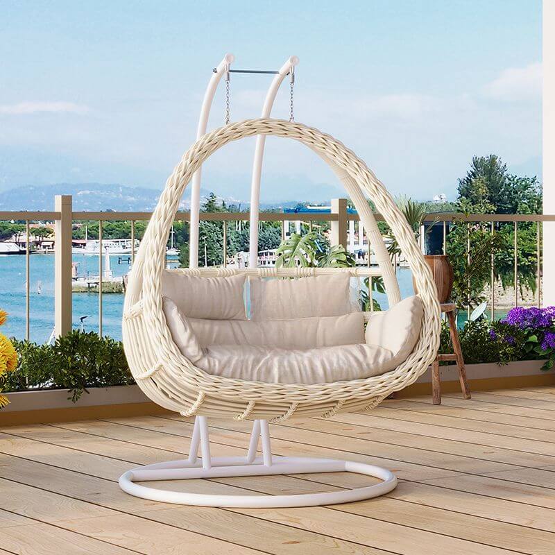 Pink metal 2-seater porch swing with stand, chain, and cushions for outdoor seating main product image Image principale du produit