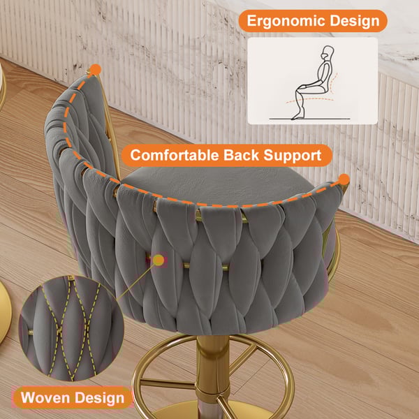 Set of 2 gray swivel bar stools with velvet curved back and adjustable height