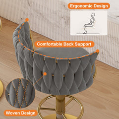 Sweave-Set mit 2 grauen drehbaren Barhockern, Samt, gebogener Rückenlehne, höhenverstellbar
