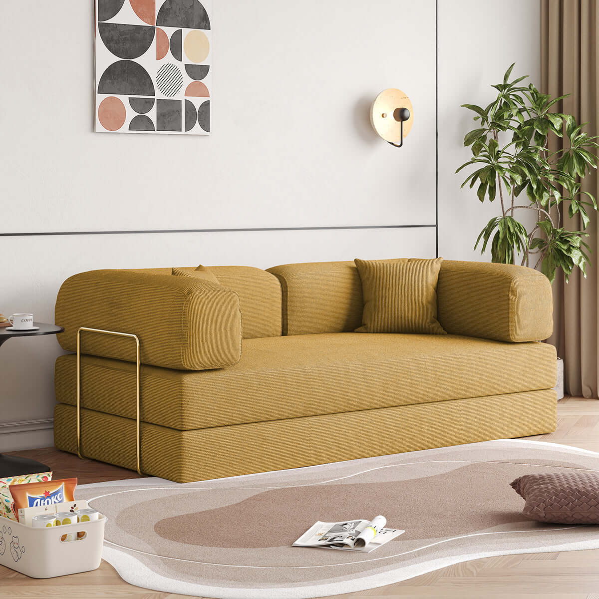 Convertible sofa bed upholstered with soft corduroy fabric, measuring 78.7 inches