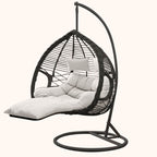 Metal upholstered porch swing egg chair with stand and chain, seating for two in cocoa and cream colors