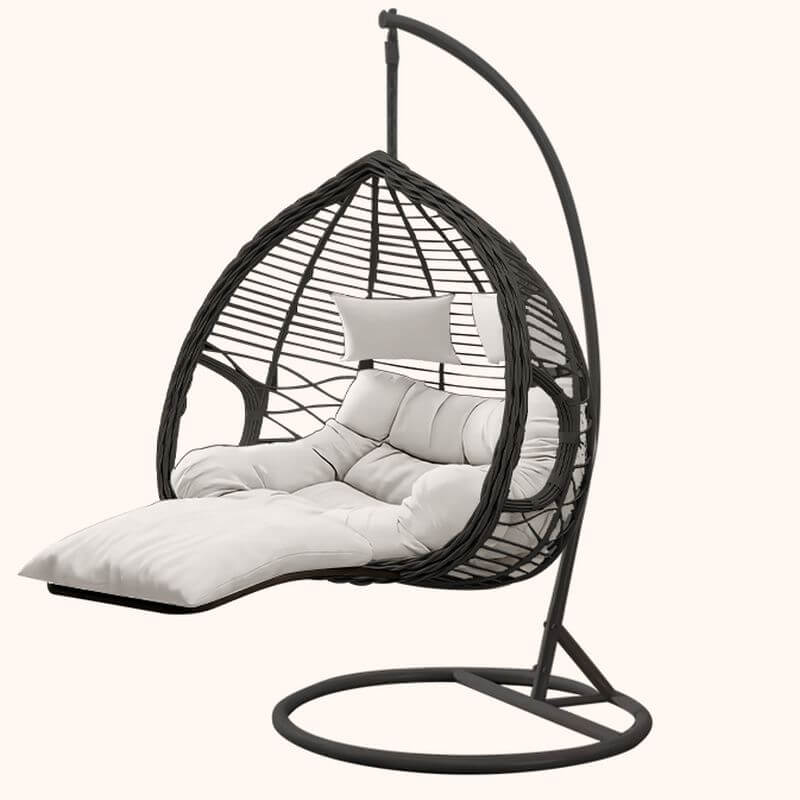 Metal upholstered porch swing egg chair with stand and chain, seating for two in cocoa and cream colors