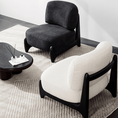 Contemporary black and white modern boucle sherpa lounge accent chair with elegant wood legs