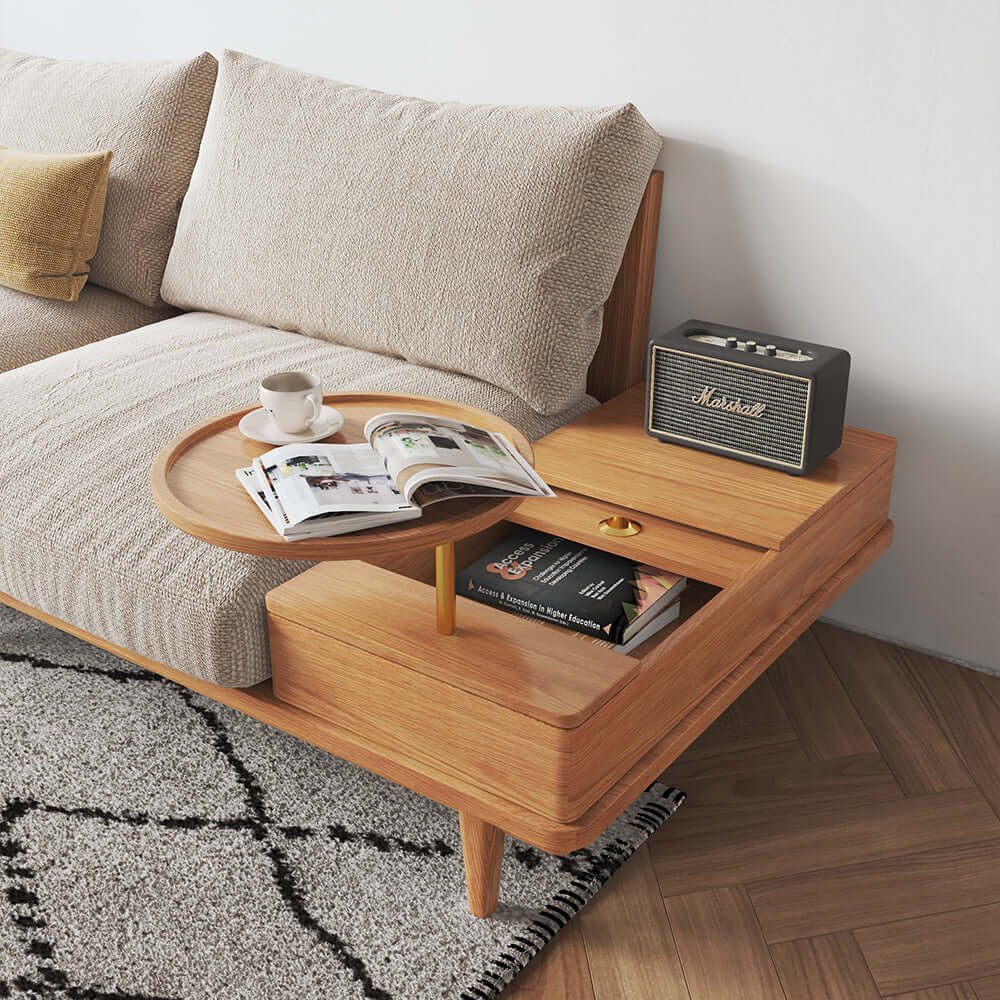 Beige 3-seater cotton linen sofa with storage and round arm design