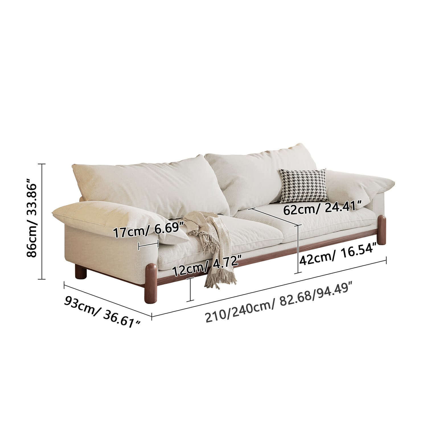 Wooden three-seater sofa with armrests offering oversized comfort and stylish design