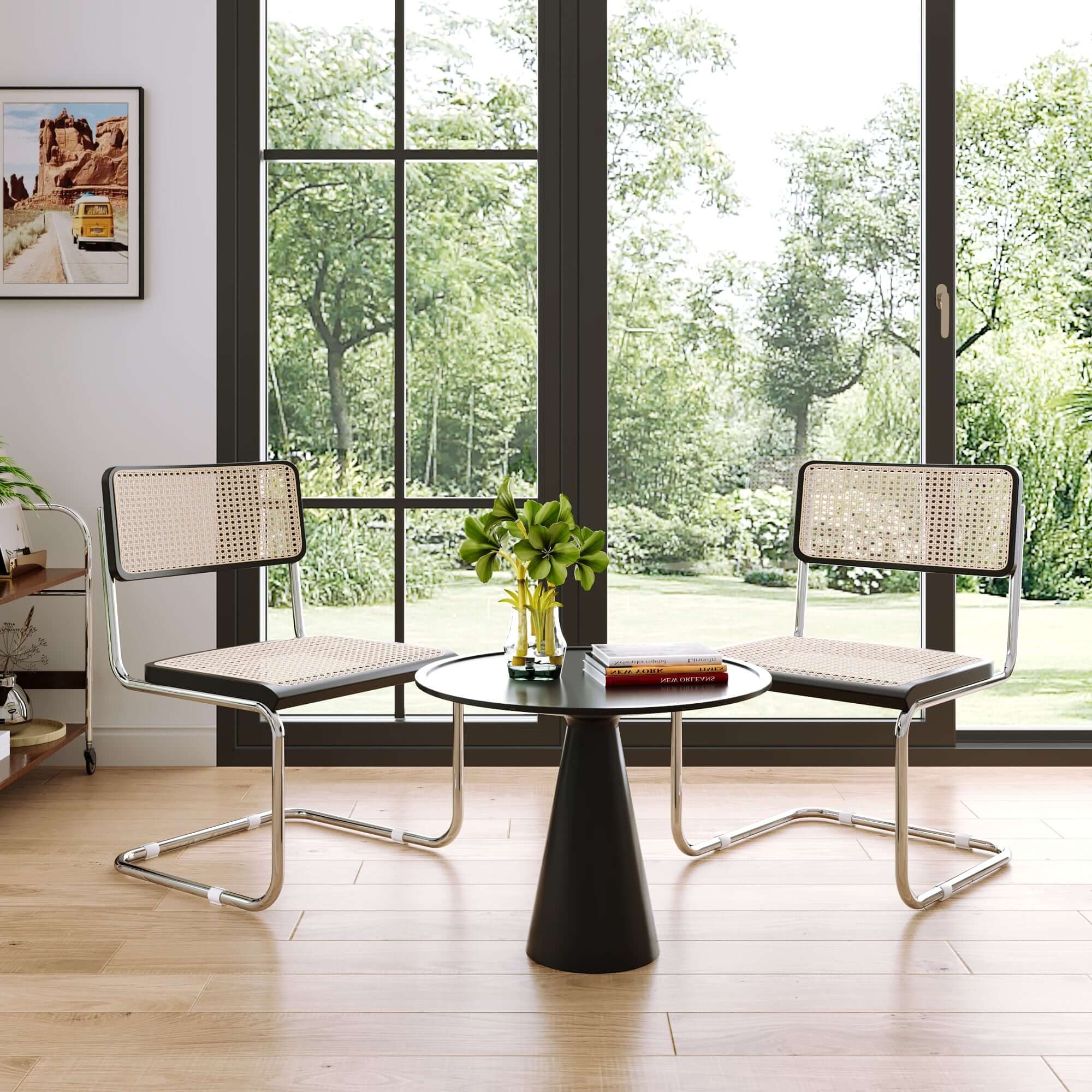 Set of 2 rattan dining side chairs with stainless steel base for modern dining rooms