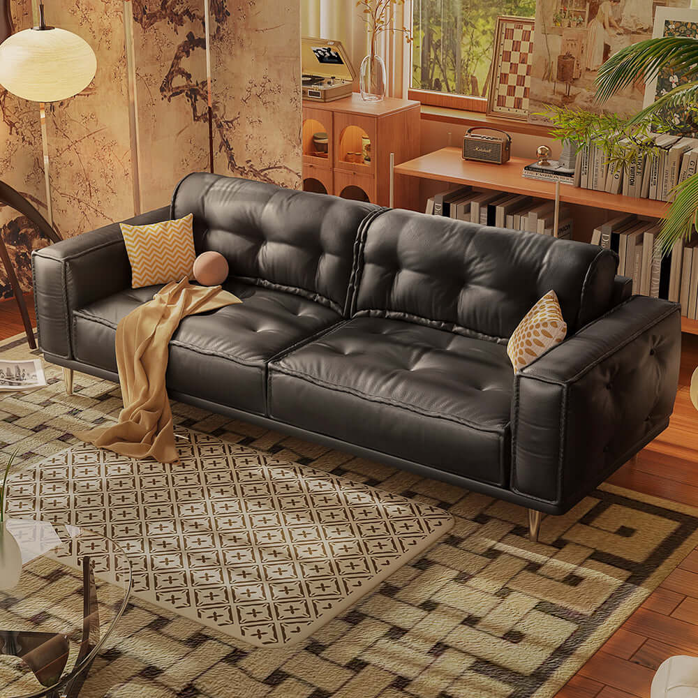 Comfortable French vintage leather sofa with luxurious design and classic style