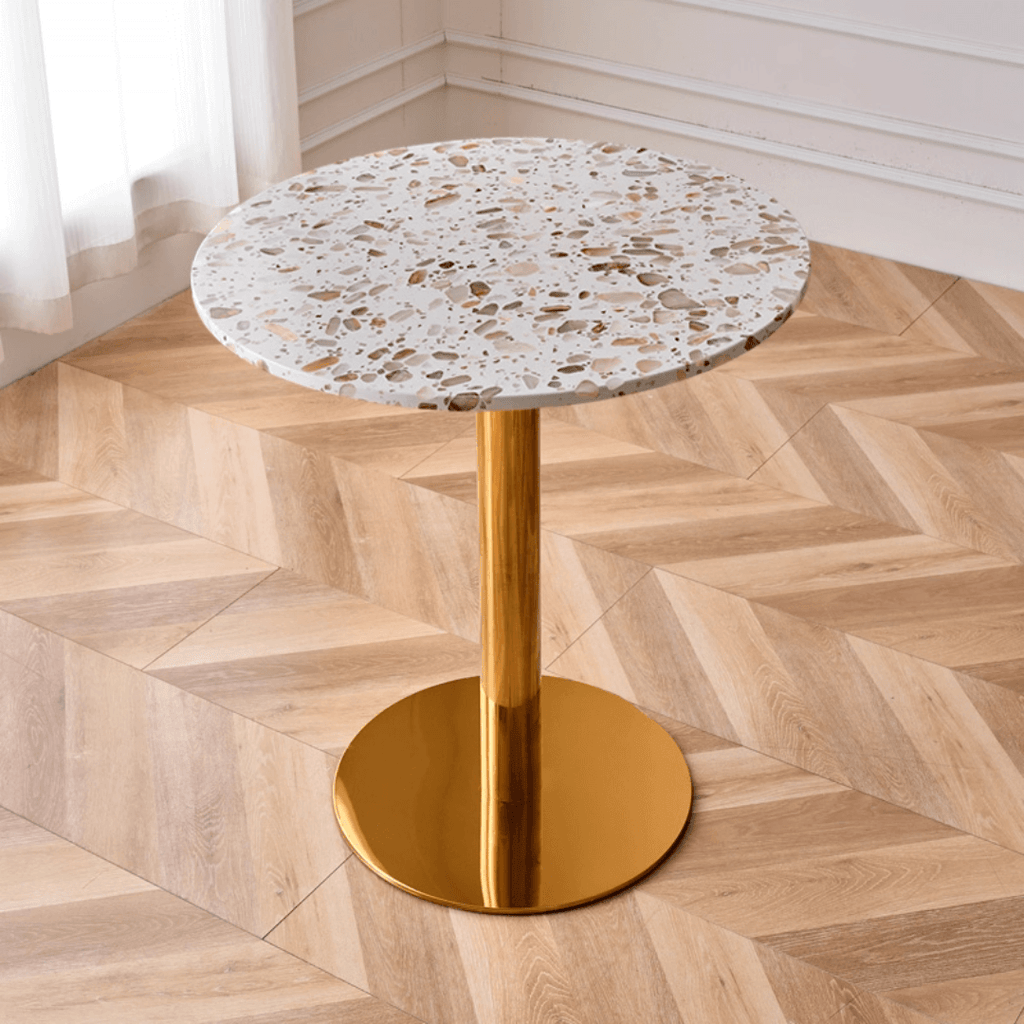 Modern marble table with sturdy metal base, perfect for adding a timeless aesthetic to any space