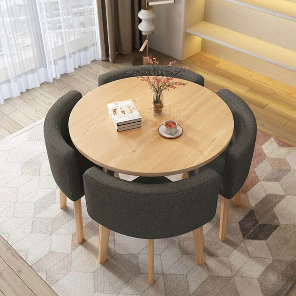 40" Round Wooden Small Nesting Dining Table Set for 4 Gray Upholstered Chairs