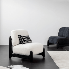 Contemporary black and white modern boucle sherpa lounge accent chair with elegant wood legs