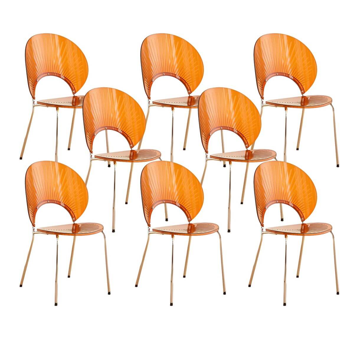 Stackable Scandinavian style dining chair with plastic seat, acrylic back, and silver legs