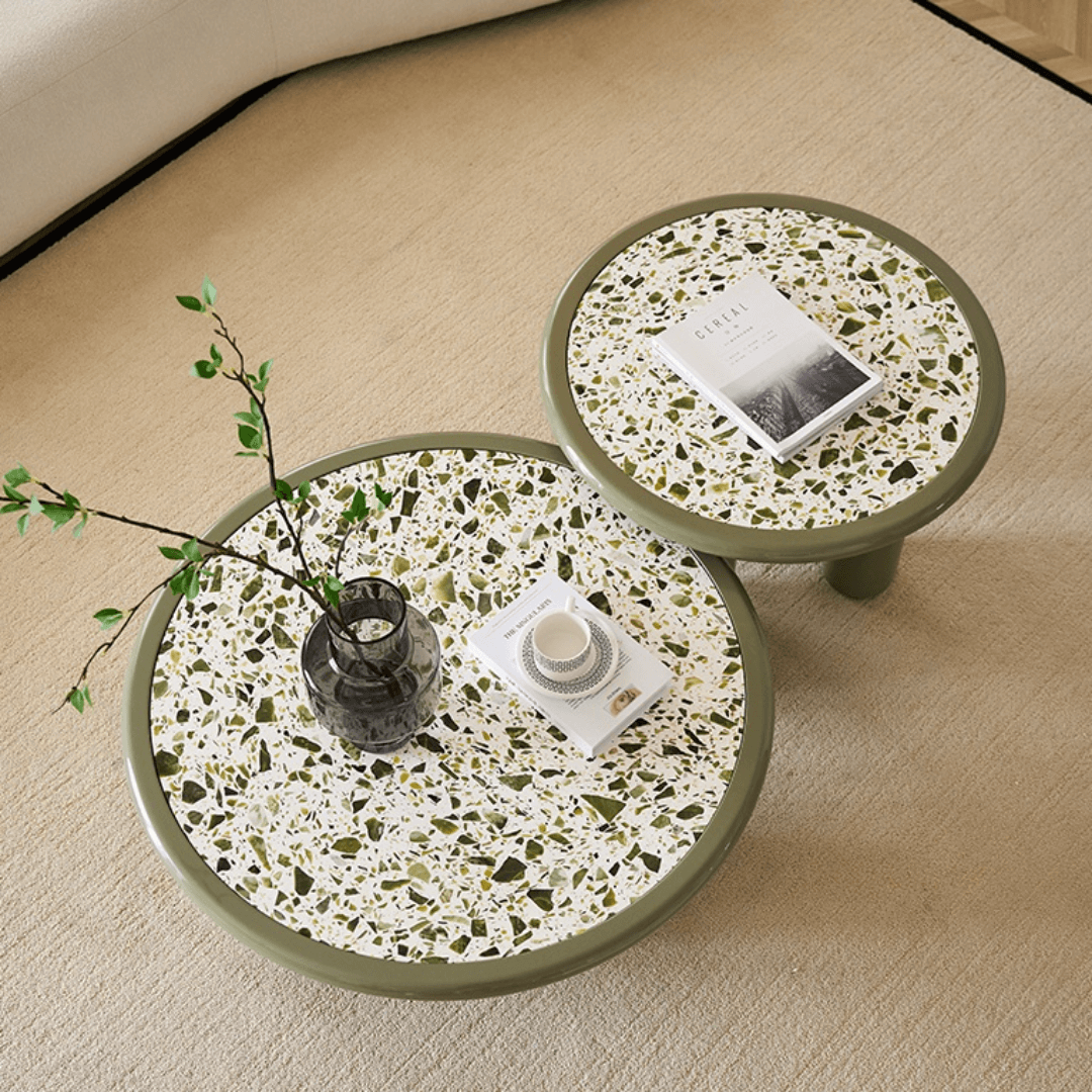 Stilvolles grünes Terrazzo-Couchtisch-Set für moderne Wohnzimmer Zweitbild