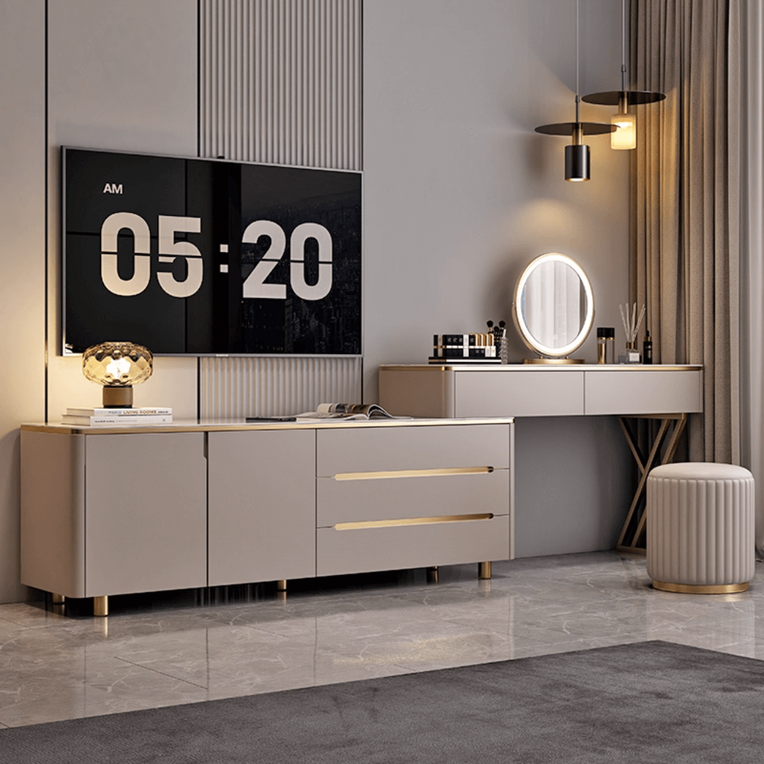 Modern minimalist makeup vanity with storage cabinet, perfect for stylish and elegant spaces