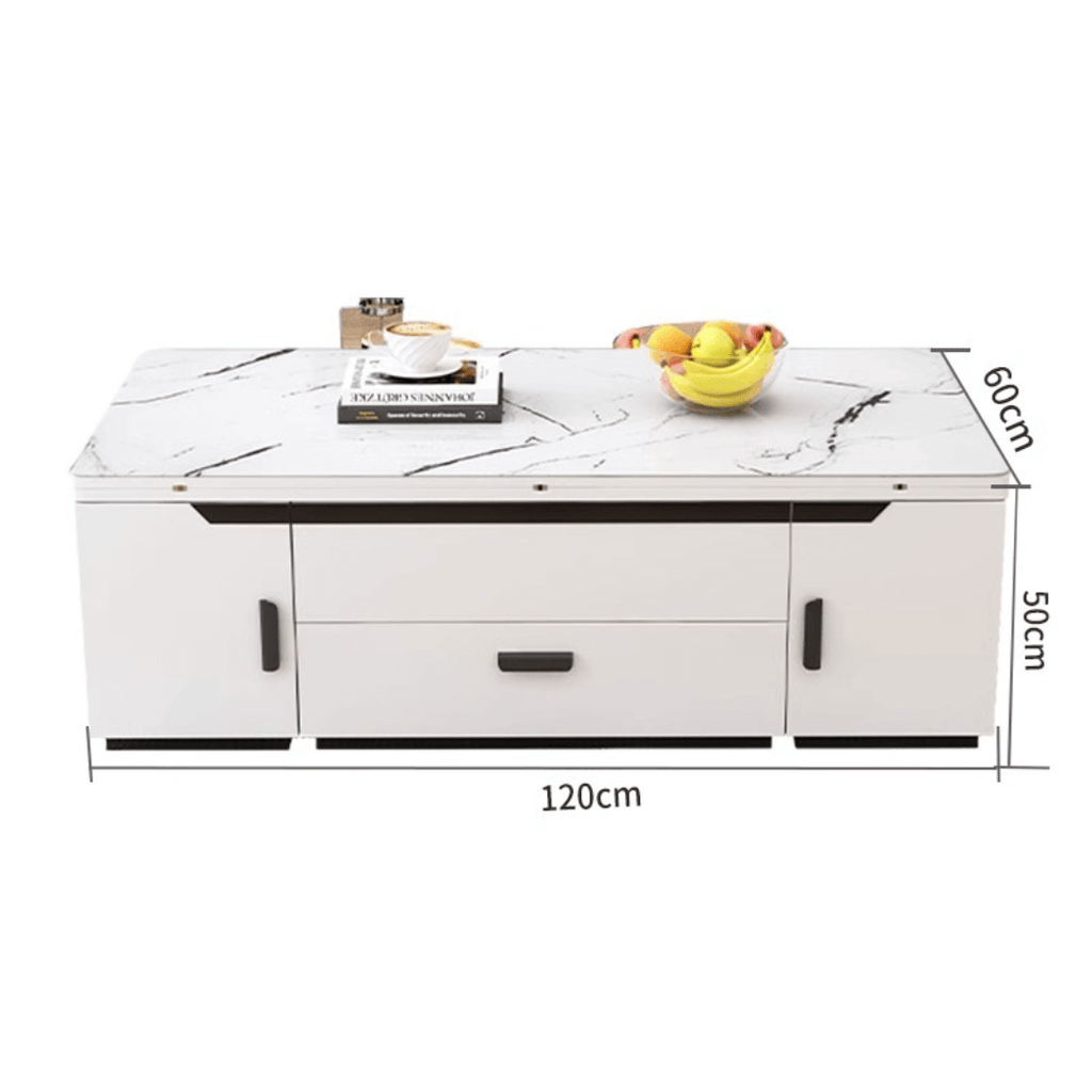 White lift-top coffee table with storage and stools, perfect for compact living spaces