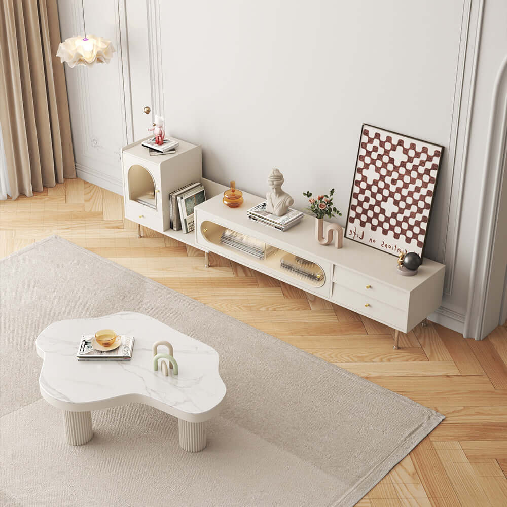 Extendable rectangle TV stand with sliding glass door, bookshelf, and three storage drawers