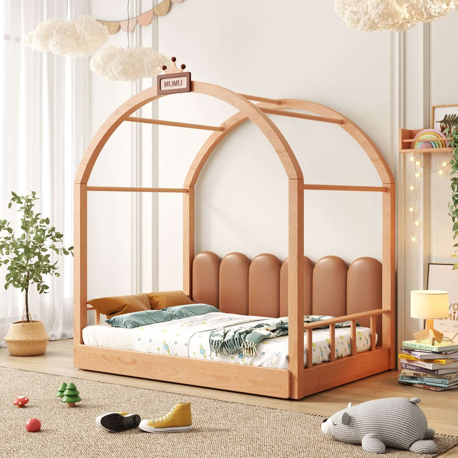 Extendable solid wood kids castle bed with canopy and upholstered headboard, converts from toddler to twin size