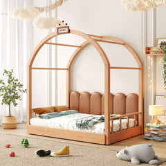 Lit château extensible en bois massif pour enfants avec baldaquin – Lit pour tout-petits à jumeaux de style tente avec tête de lit rembourrée