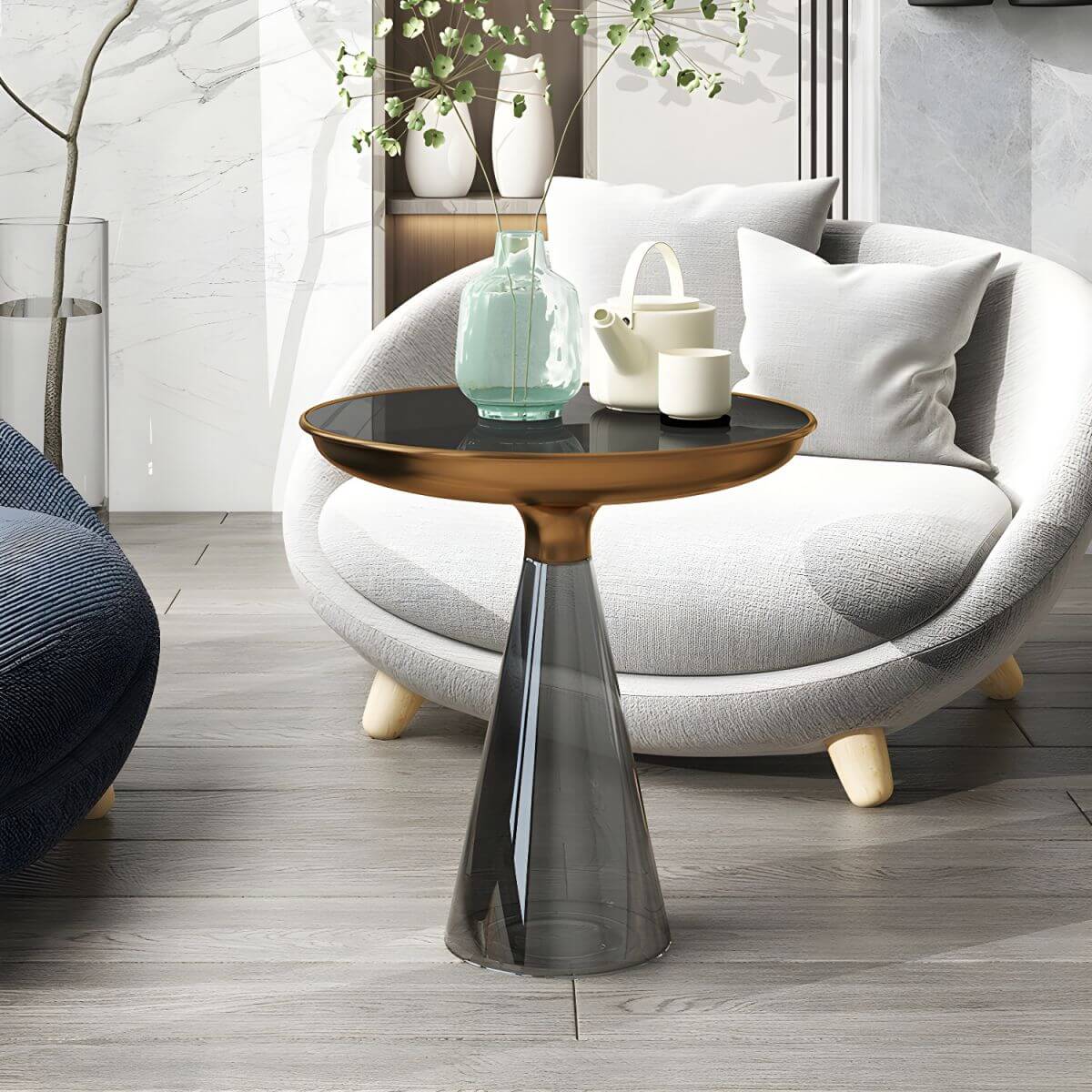 Scandinavian papasan chair with fixed back, sloped arms, cotton blend fabric, and 2 pillows