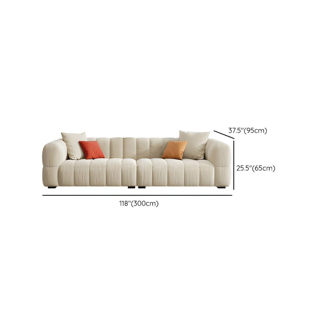 Beige upholstered wood sofa with square arms and sewn pillow back for modern living rooms