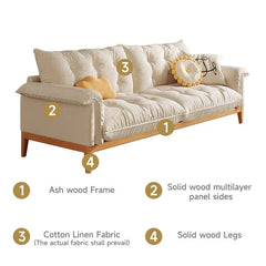 Modern 3-Seater Sofa Beige Solid Wood Cotton Linen Sofa