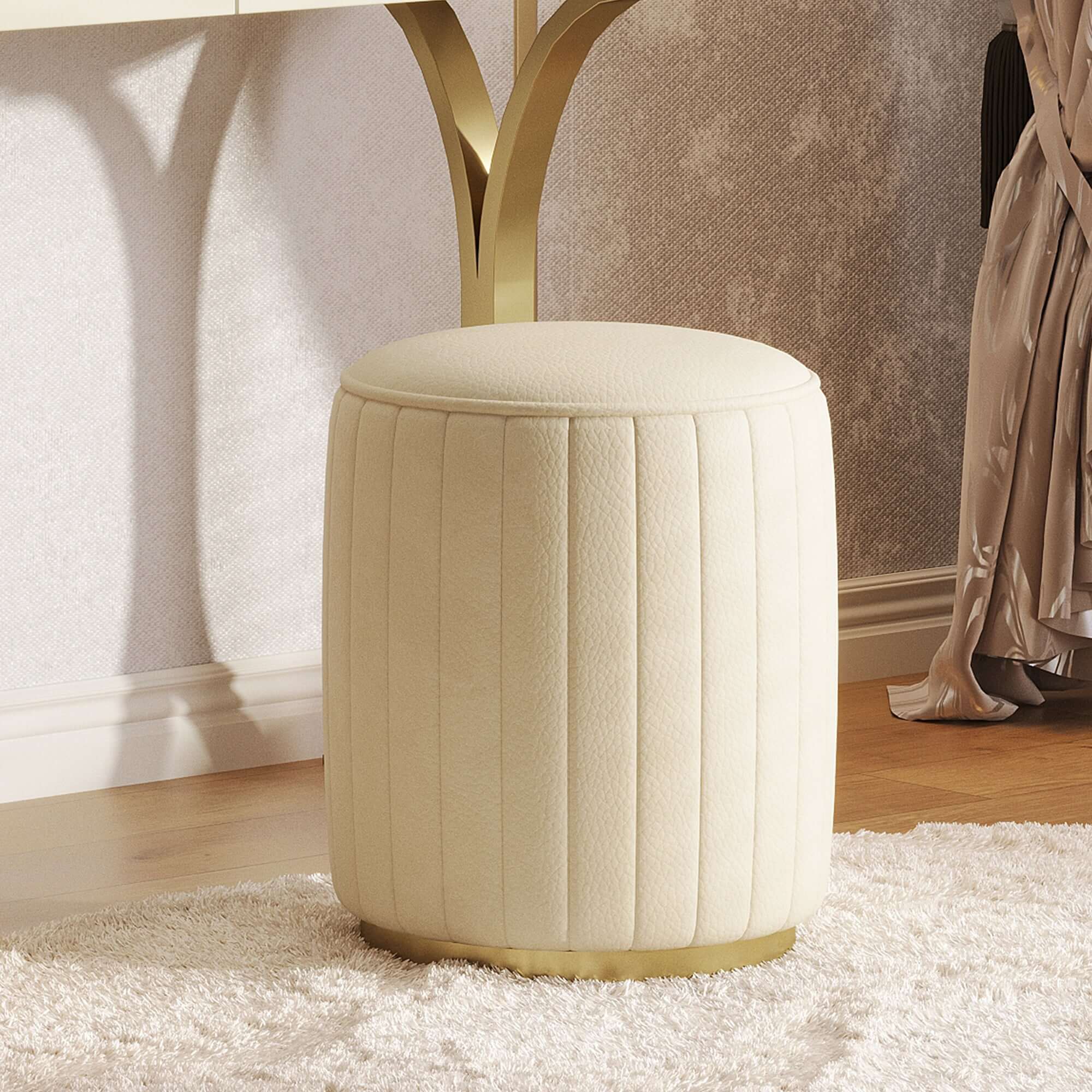 Luxury vanity makeup table with mirror, two drawers, and matching stool for elegant dressing