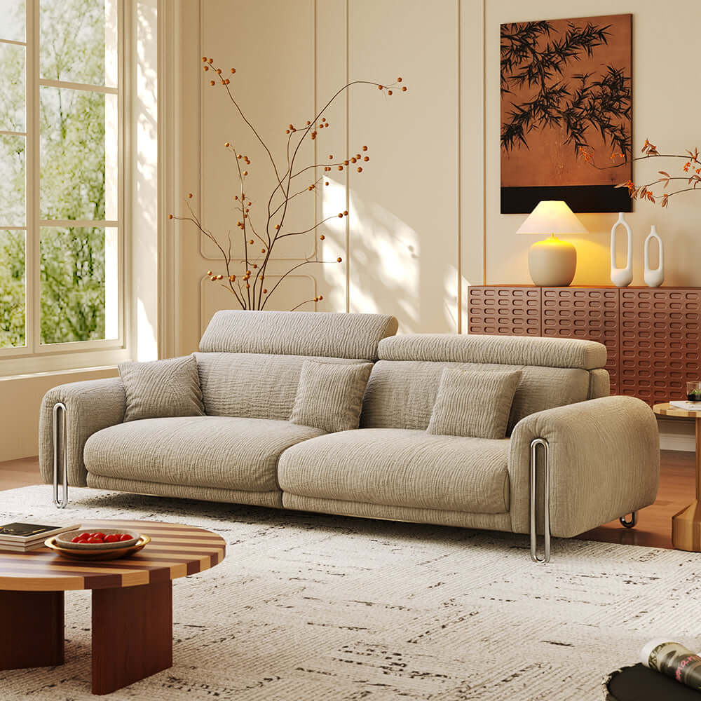 Green chenille big comfy couch with adjustable headrest and water-resistant fabric