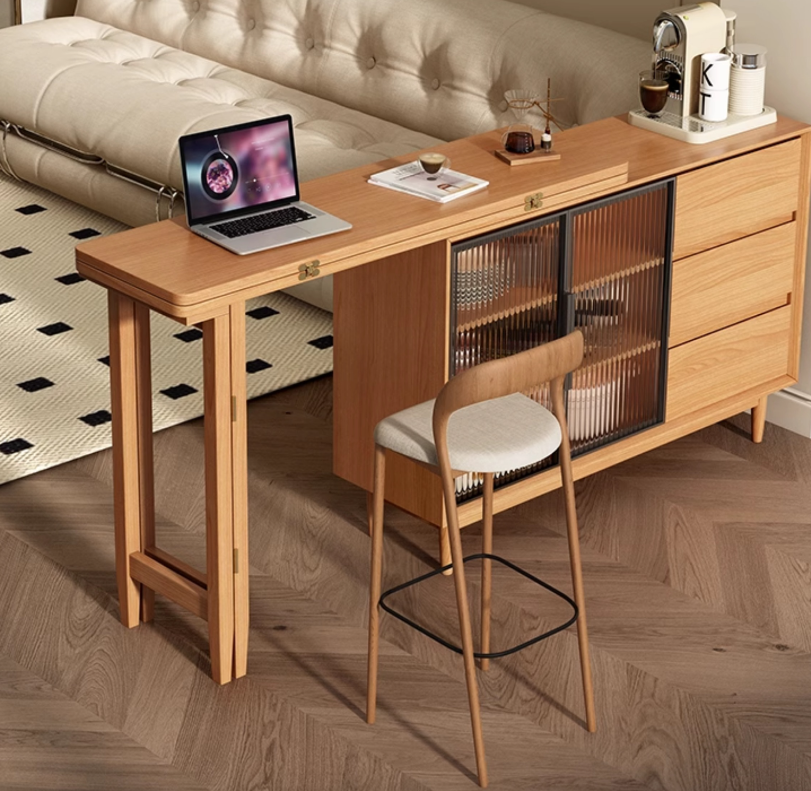 Table de salle à manger pliante polyvalente et buffet avec portes coulissantes en verre et rangement spacieux Image principale du produit