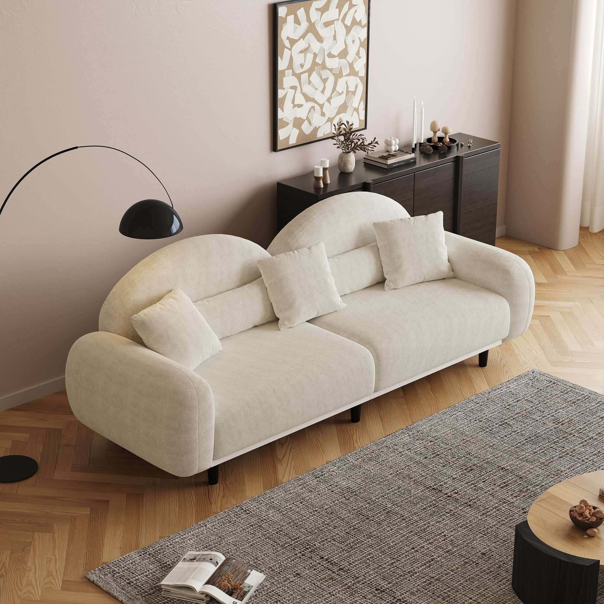 Modern 84-inch upholstered sofa with cozy Sherpa fabric, perfect for stylish living rooms