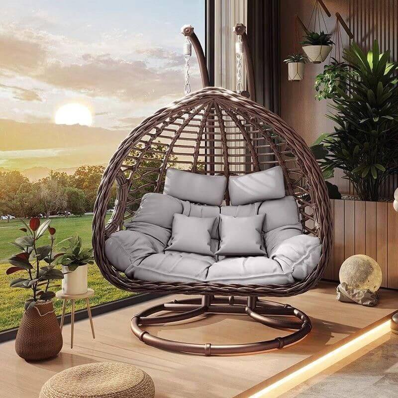 Porch swing with tropical ivory and auburn hydrophobic framed pads, metal stand and chain included main product image Main image