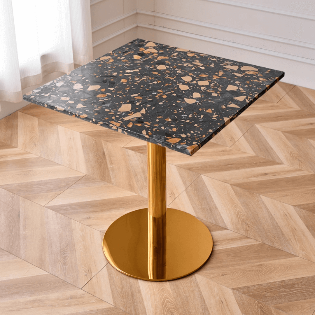 Modern marble table with sturdy metal base, perfect for adding a timeless aesthetic to any space