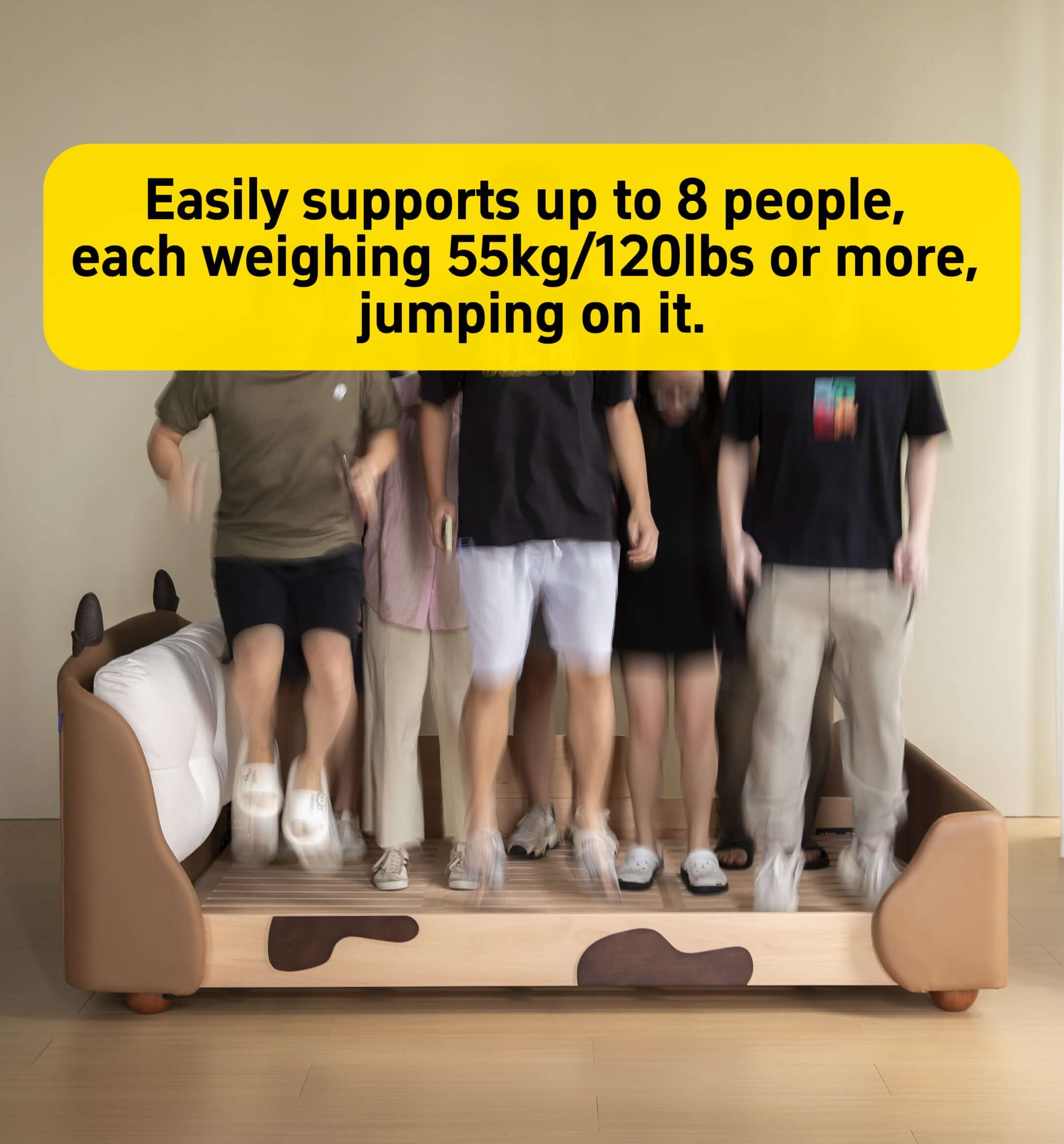 Wooden kid bed with cow design, safety rail, and soft headrest for comfortable sleep