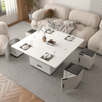 White lift-top coffee table with storage and stools, perfect for compact living spaces