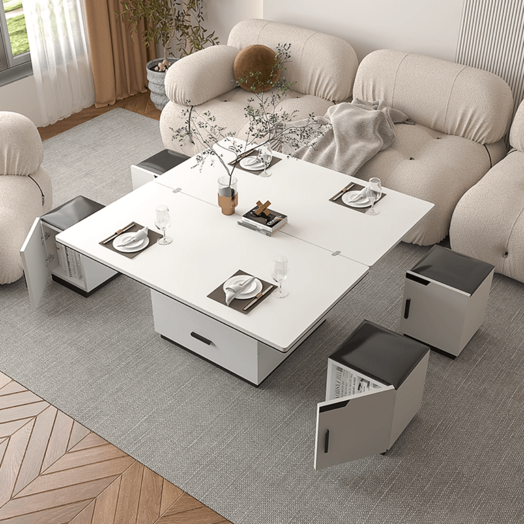 White lift-top coffee table with storage and stools, perfect for compact living spaces