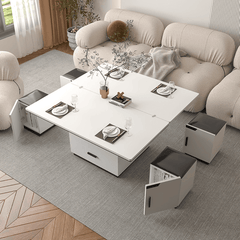 Modern White Lift-Top Coffee Table with Storage & Stools for Compact Living Spaces