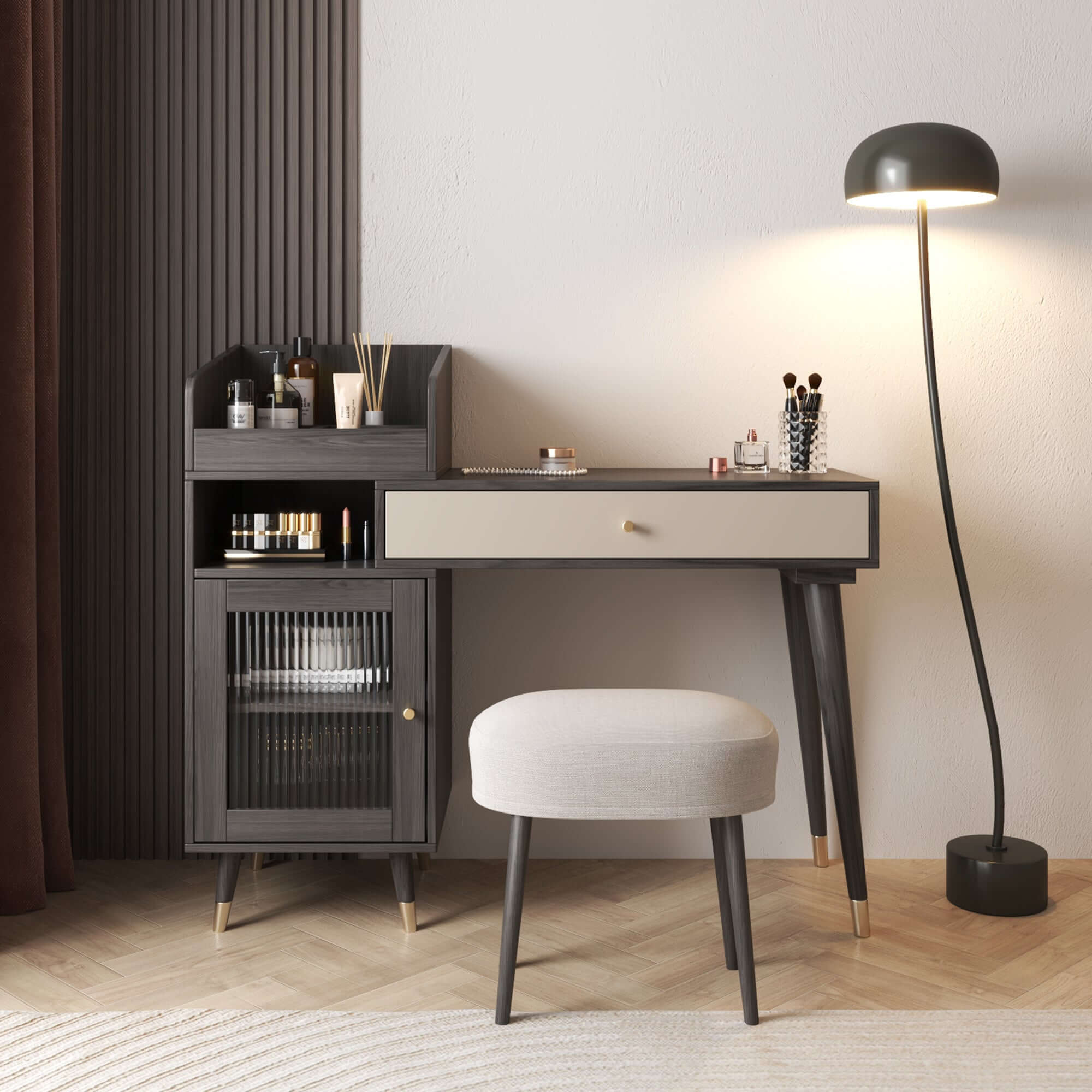 Coffee brown wooden vanity table with side cabinets, open storage, and drawers for bedroom organization