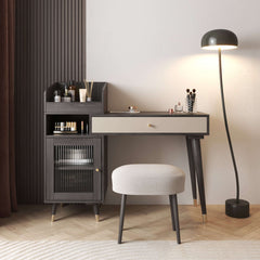 Coffee Brown Wooden Vanity Table with Side Cabinets Open Storage & Drawers