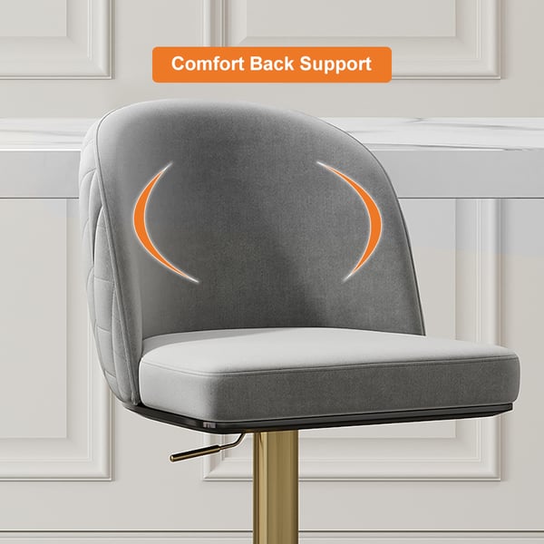 Gray velvet swivel bar stool with curved back and adjustable height, perfect for kitchen or bar seating