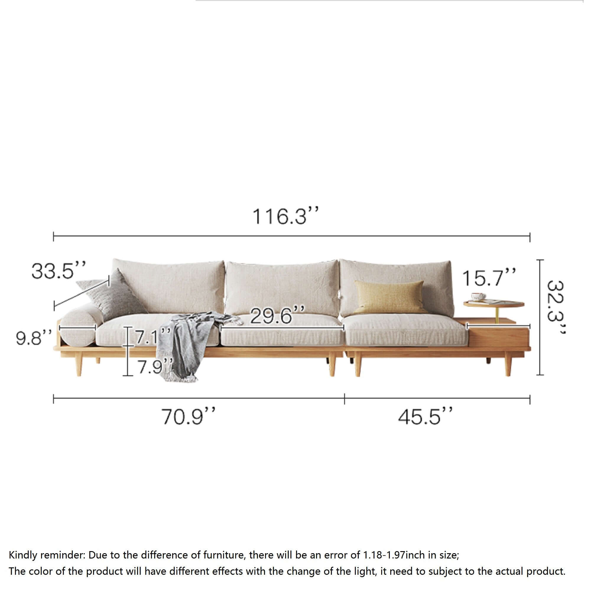 Beige 3-seater cotton linen sofa with storage and round arm design