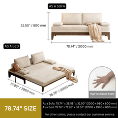 Modern Nordic pull out sofa bed made of khaki cotton and linen with solid wood frame