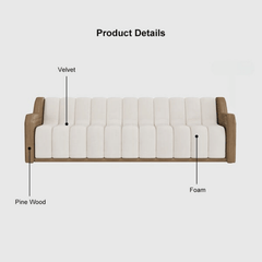 Contemporary 86.6 inch long white 3-seater fluted velvet upholstered sofa with walnut leather arm