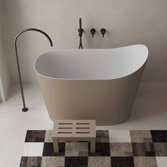 43" Modern Oblique Deep Freestanding Light Brown Stone Resin Japanese Soaking Bathtub