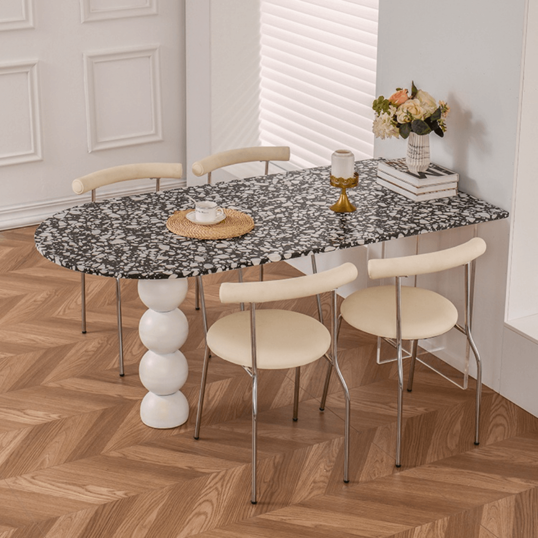 Half-elliptical terrazzo dining table with multicolor mosaic design, durable and stylish