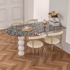 Half-elliptical terrazzo dining table with multicolor mosaic design, durable and stylish